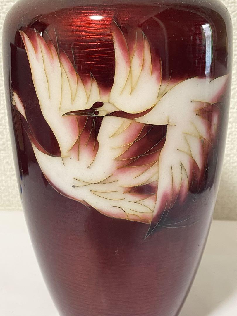 七宝焼　花瓶　鶴　赤い鶴の絵柄