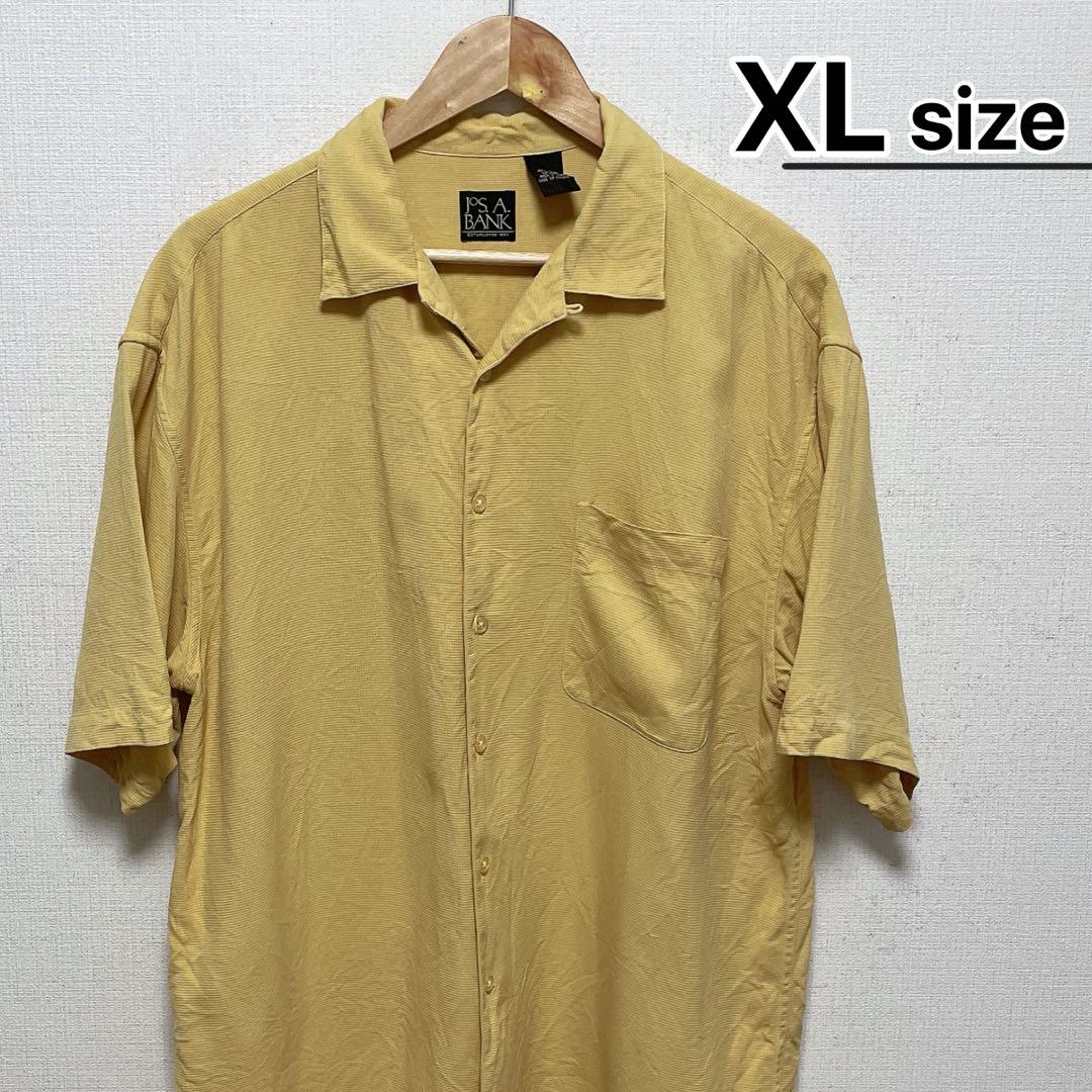 US古着　シルクシャツ　半袖　XL　イエロー　黄色　オープンカラー　ピンチェック