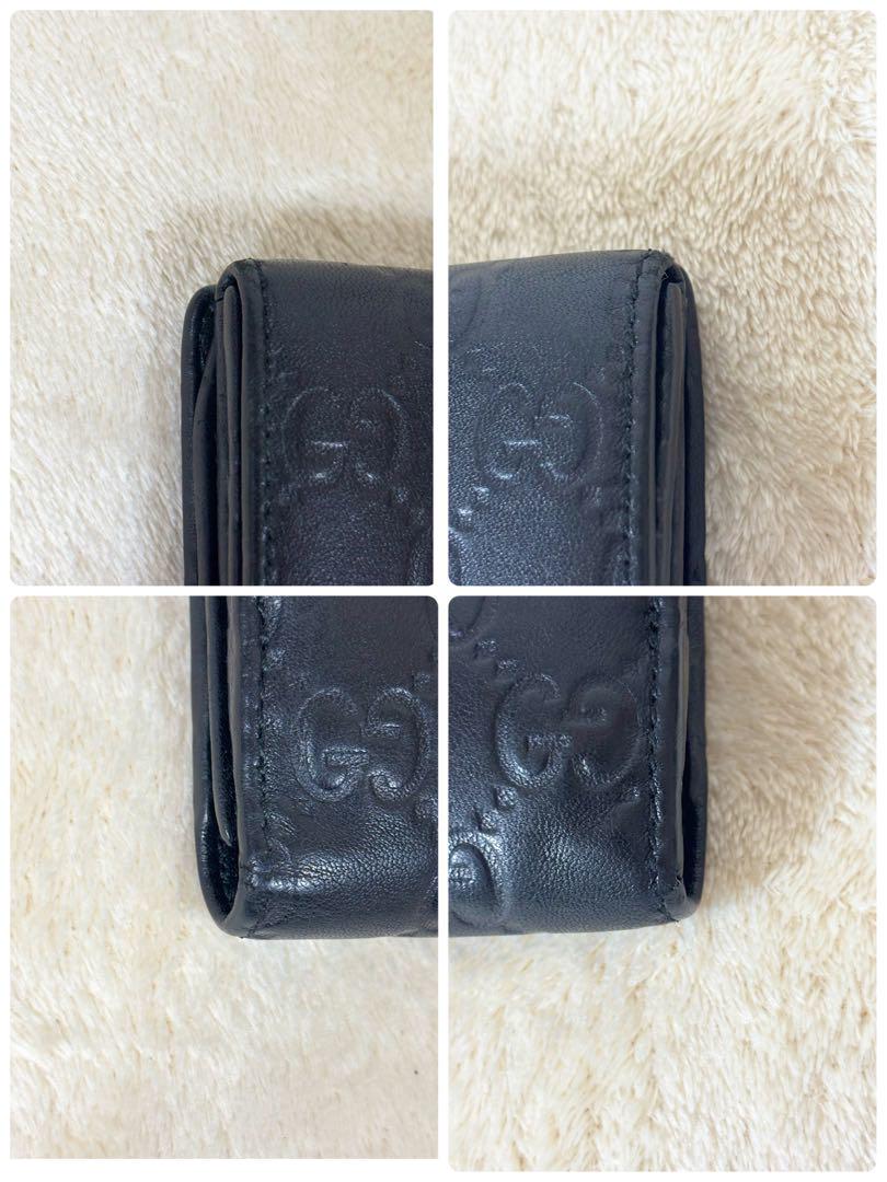 GUCCI 長財布 ダブルホックシマ レザー GG プレート ブラック
