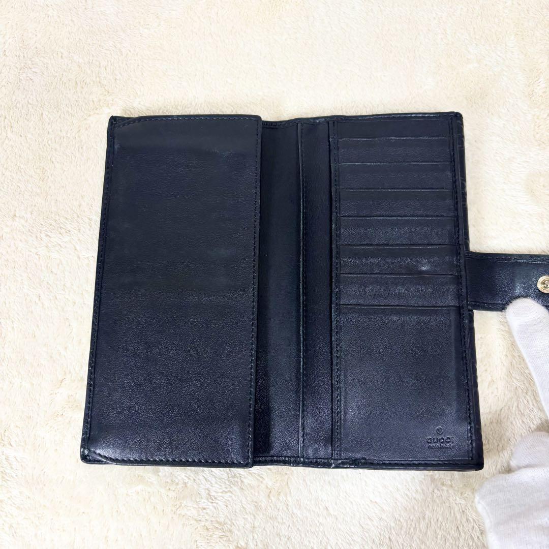 GUCCI 長財布 ダブルホックシマ レザー GG プレート ブラック