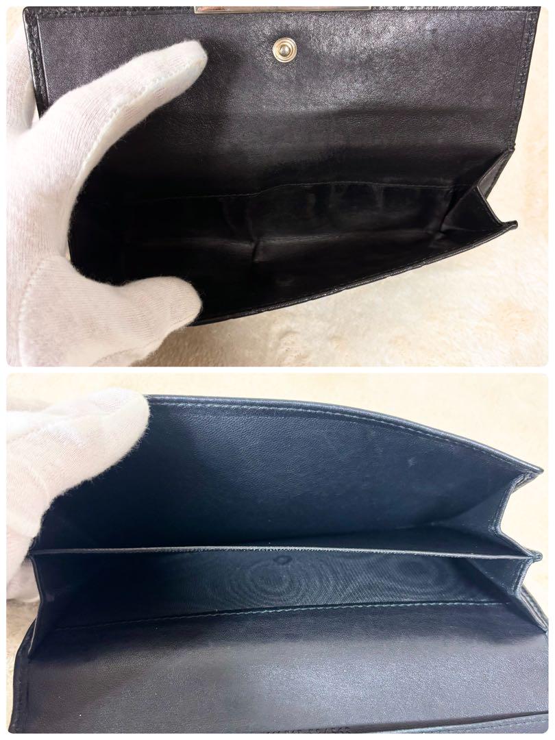 GUCCI 長財布 ダブルホックシマ レザー GG プレート ブラック