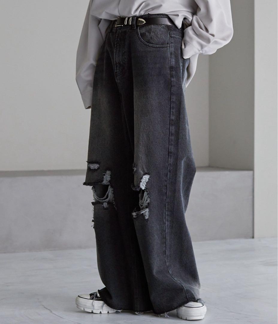 【完売品】cussil ルーズシルエットダメージワイドデニムパンツ