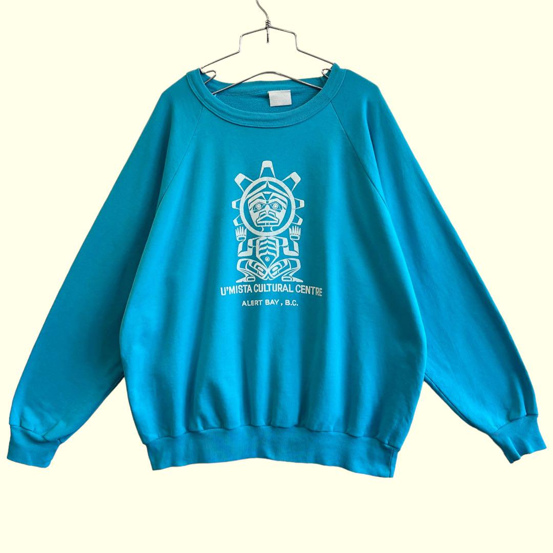 古着 80s Penmans プリントラグランスウェット 水色 ブルー
