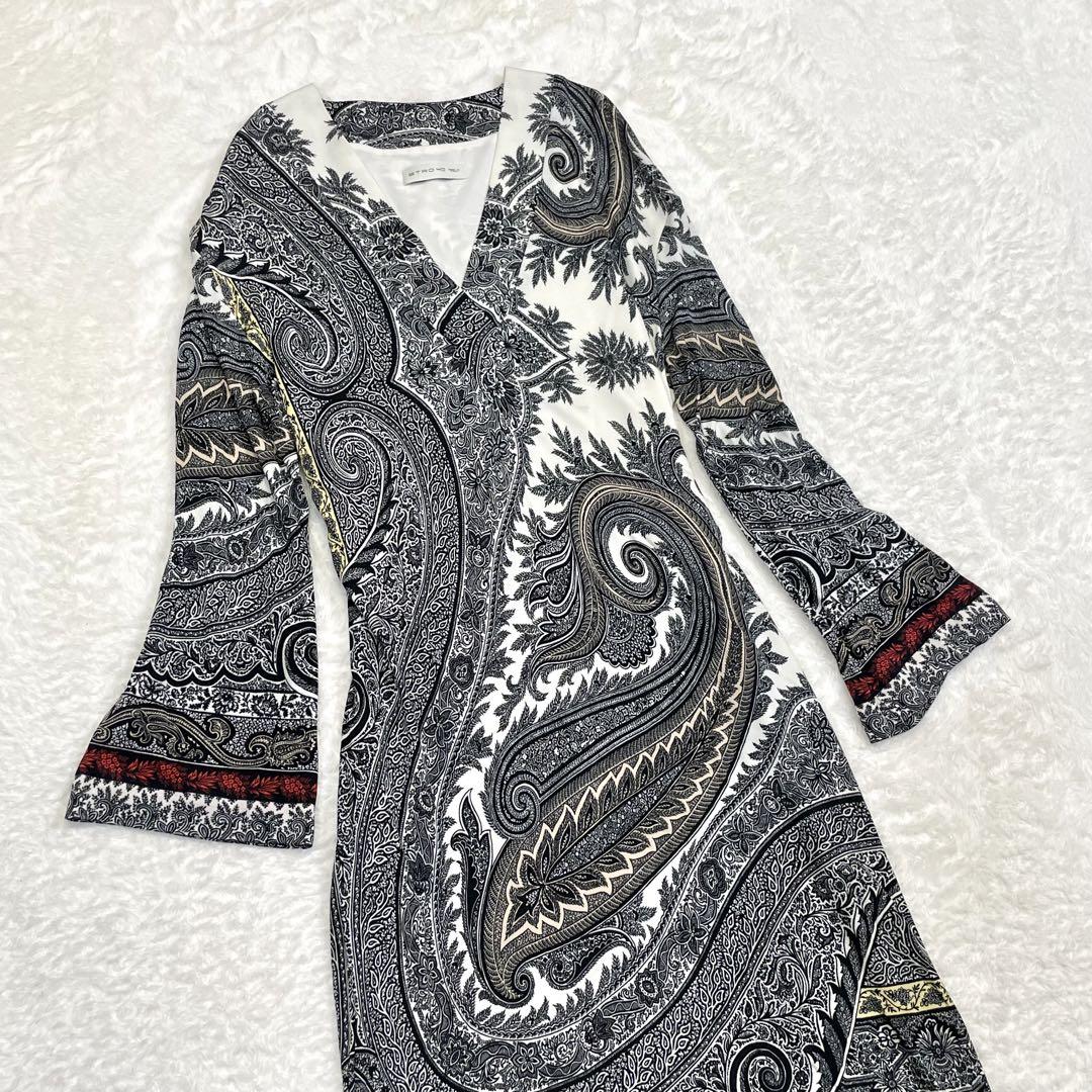 極美品 エトロ ワンピース 秋 ペイズリー カシュクール 総柄 ドレス L 画像12
