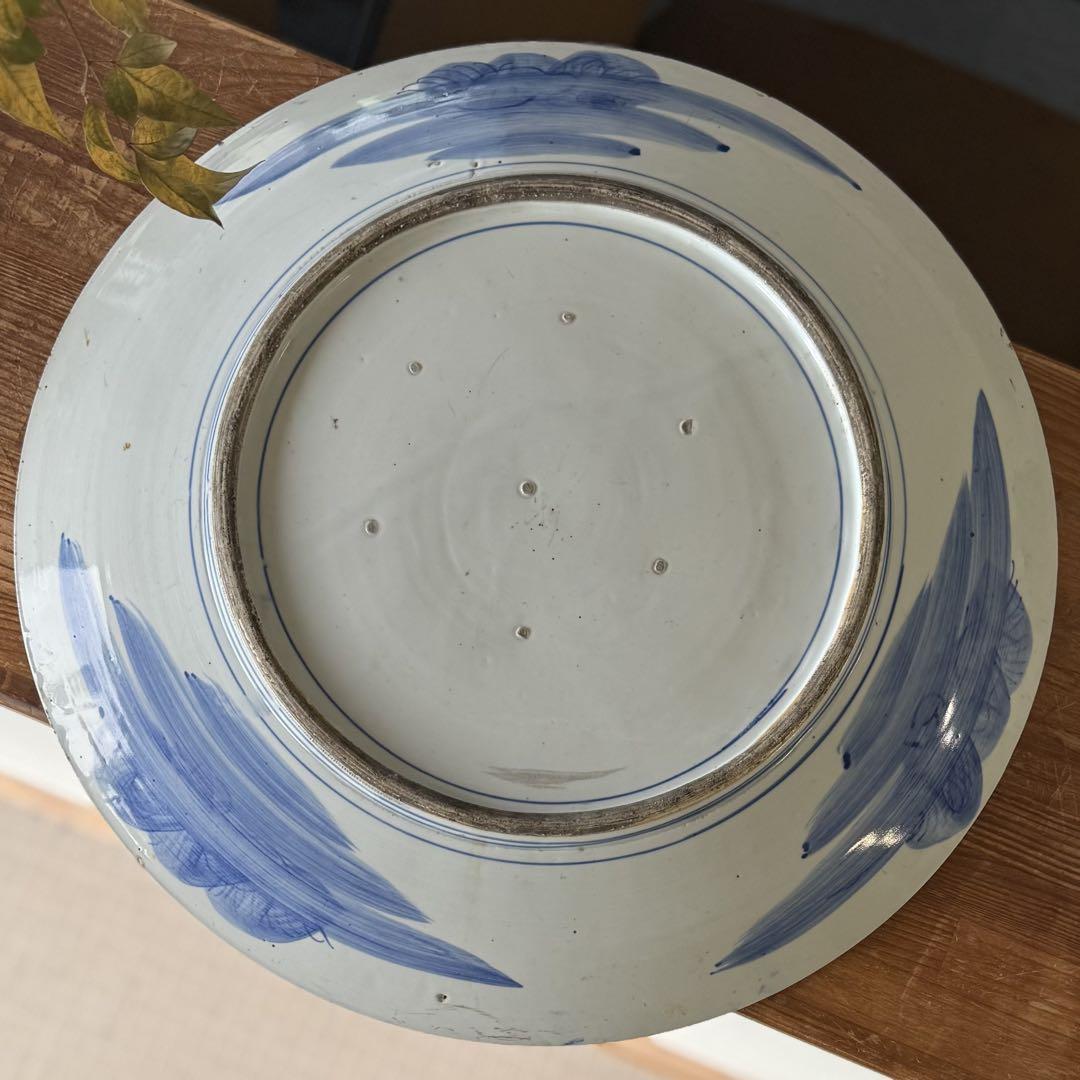 SNT455 時代物 古伊万里 染付 花鳥図 大皿 古美術 飾り皿　特大 色絵花鳥図大皿 文化遺産オンライン