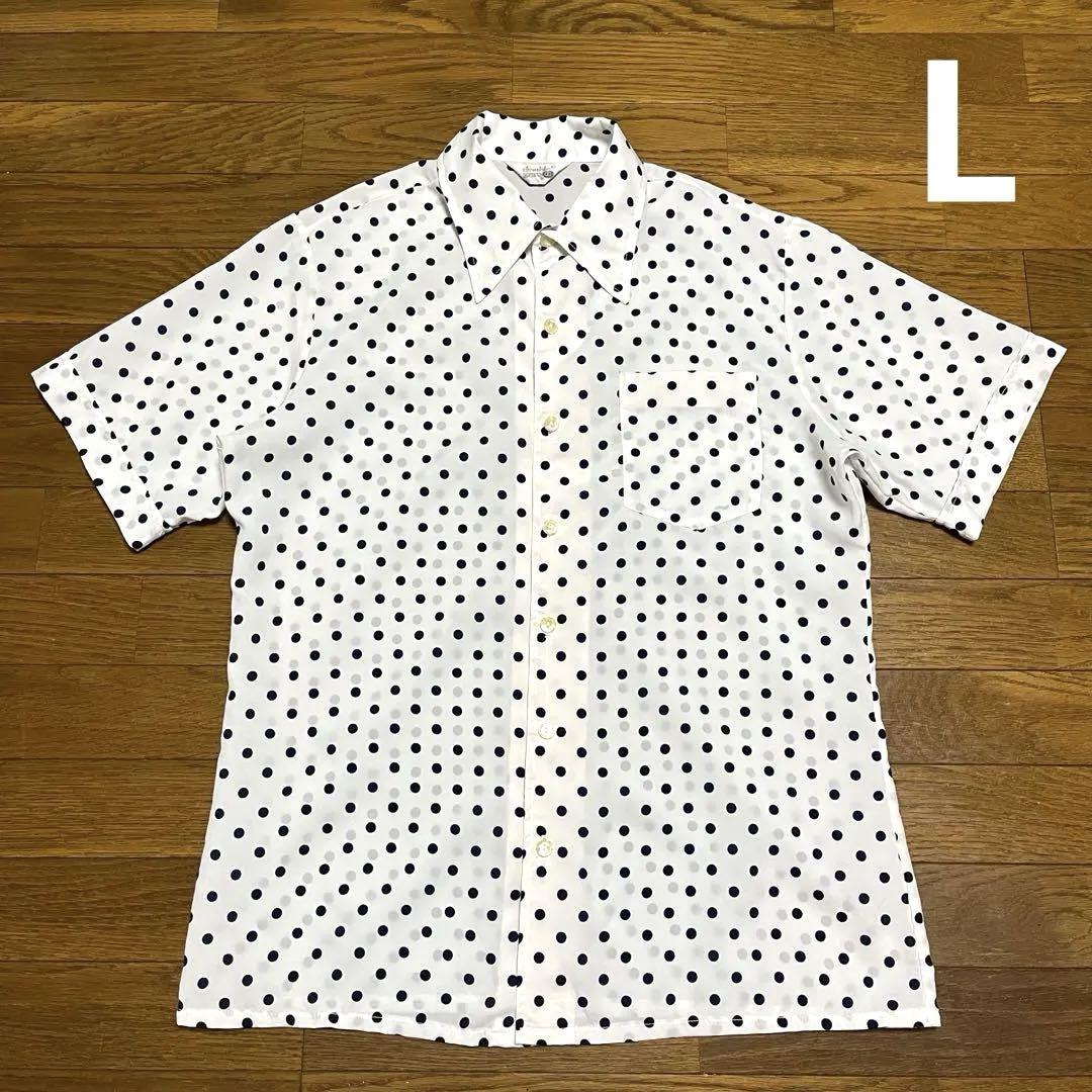 70s 80s Double zero ポリエステル ドット 総柄シャツ 白 紺