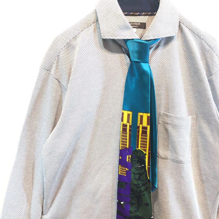 国内企業販売 ゴジラ 古着 青 シャツ ネクタイシャツ グレー 紫 紫 グレー キャラネクタイ 値打ち品