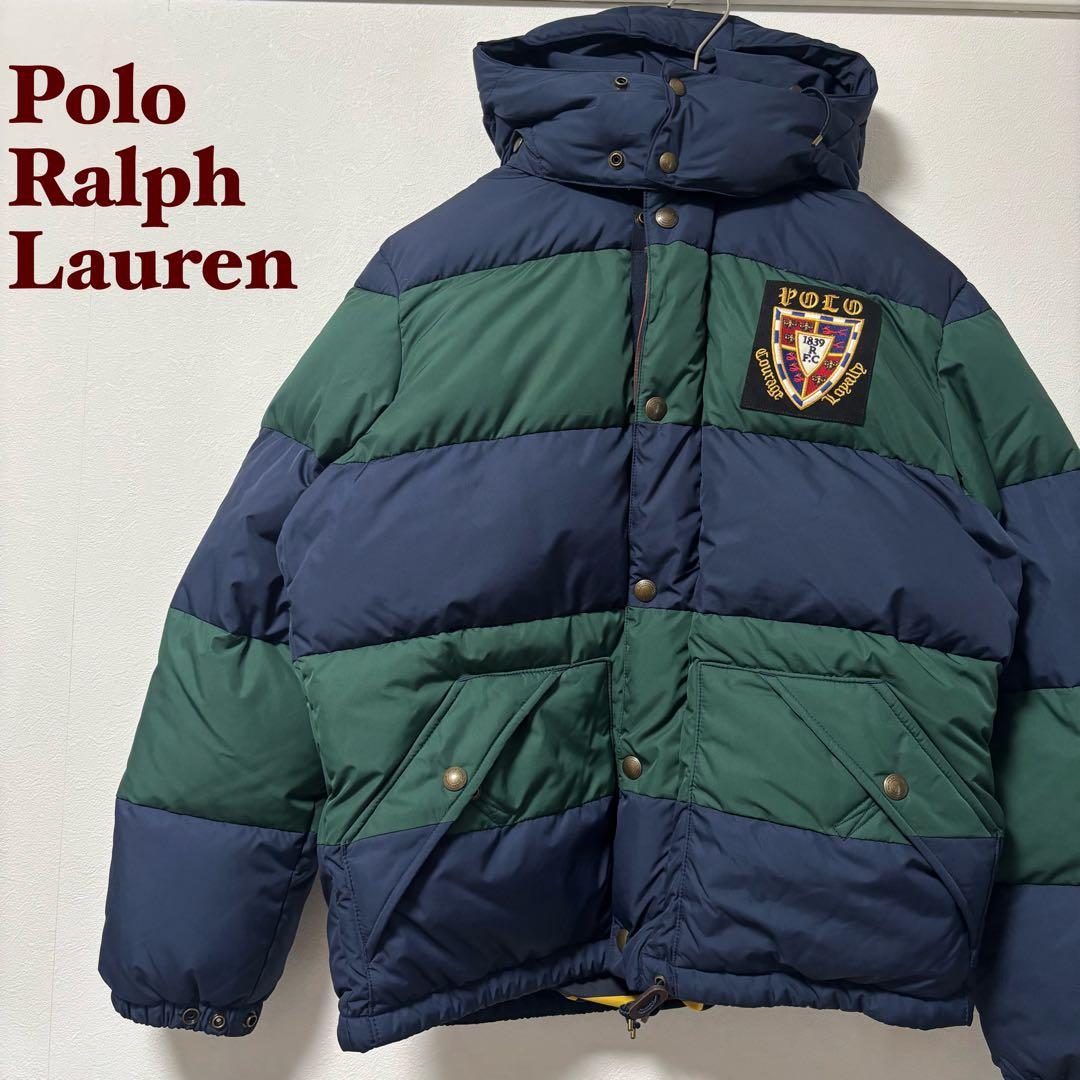 希少✨ポロラルフローレン　ダウンジャケット　ボーダー　総柄　ラグビー　M 緑×紺