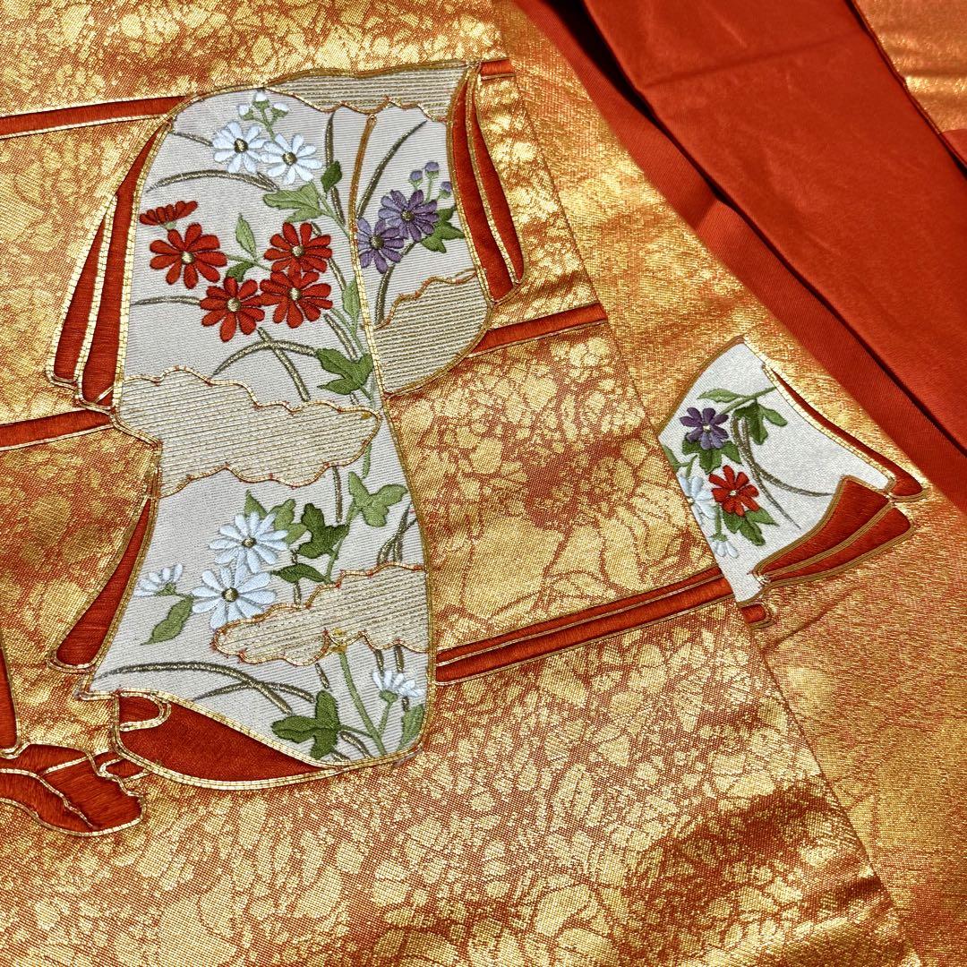 競売 名古屋帯 着物 NO-1426 橙色 花柄 地紋 金駒刺繍 衣桁 着物・浴衣