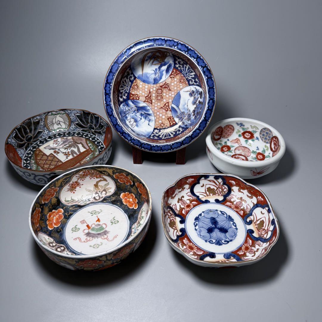 【期間限定送料無料】 錦手 鉢 古伊万里 幕末〜明治期 赤絵 丸 唐草文 まとめて五点 工芸品