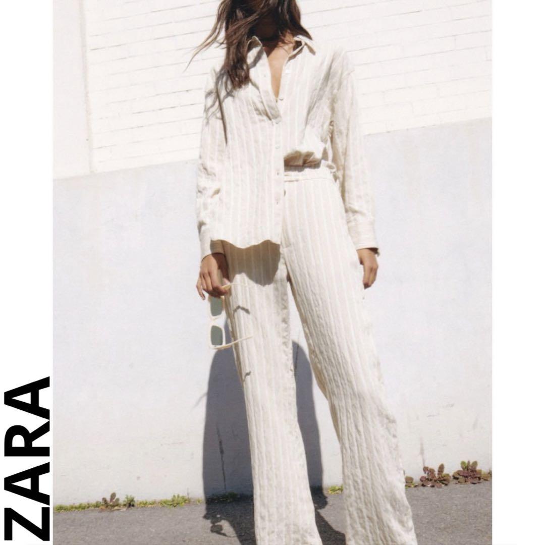 スペイン発送 ZARA 限定版 リネンストライプパンツ カジュアル スペイン発送 ZARA ストライプパジャマパンツ ブルー カジュアル