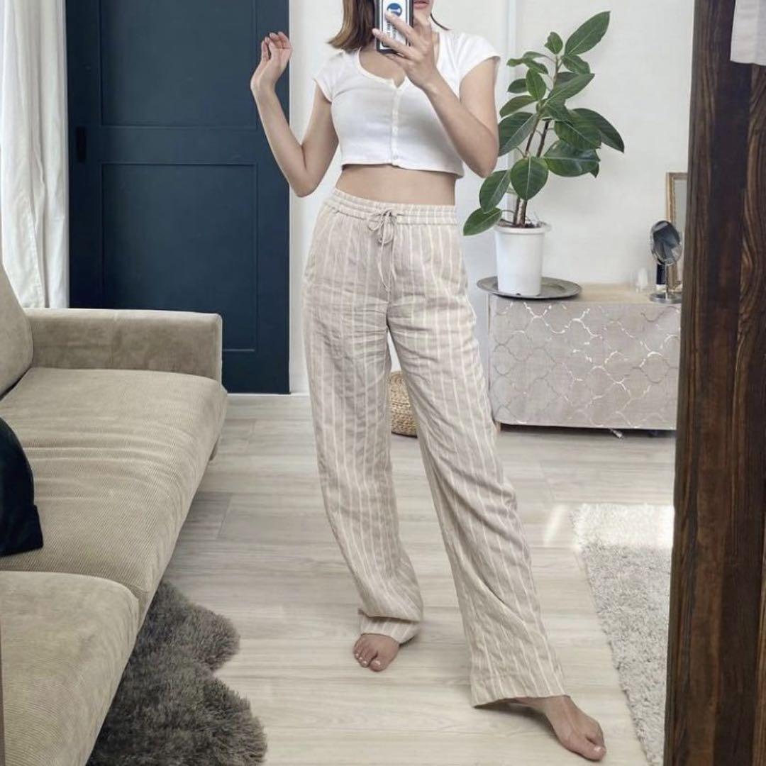スペイン発送 ZARA 限定版 リネンストライプパンツ カジュアル スペイン発送 ZARA ストライプパジャマパンツ ブルー カジュアル