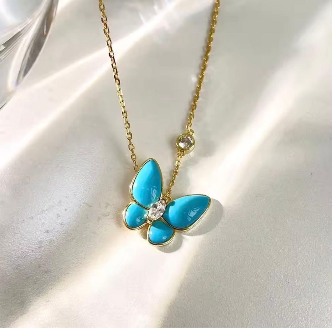 イエローゴールドターコイズブルークローバーバタフライ ネックレス新品、♥