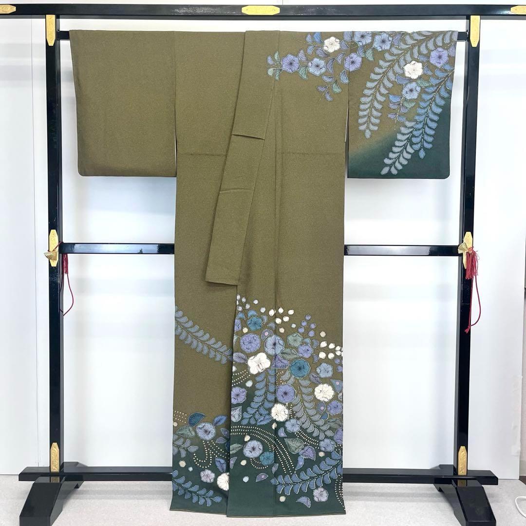 訪問着 作家物 辻が花絞り 暈し 縮緬 鶯茶色 トールサイズ K-4014 訪問着 作家物 辻が花絞り 暈し 縮緬 鶯茶色 トールサイズ K-4014