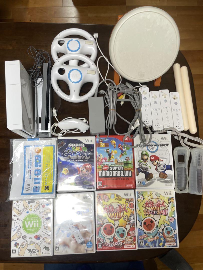 Wii本体 ソフト7個 コントローラー4個 ハンドル2個付セット