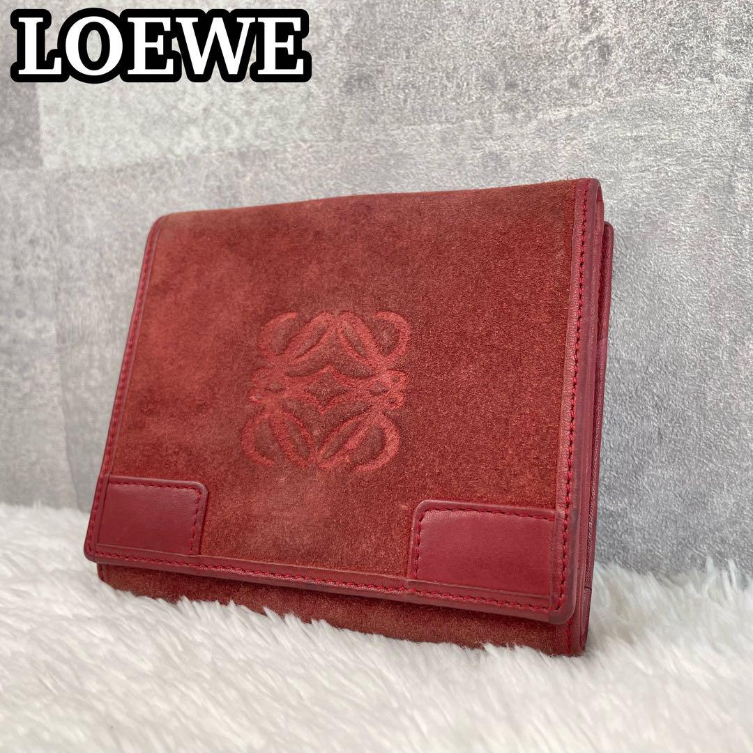 ロエベ　三つ折り財布　アナグラム　スエード×レザー　Wホック　レッドブラウン