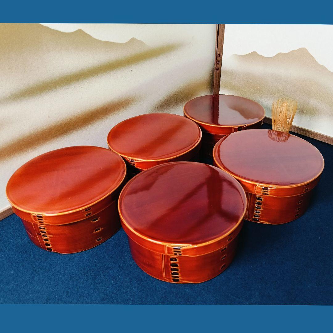 AN10 春慶 曲わっぱ 丸重 五客 蓋付弁当箱 木製漆器 紙箱 美品 AN10 春慶 曲わっぱ 丸重 五客 蓋付弁当箱 木製漆器 紙箱 美