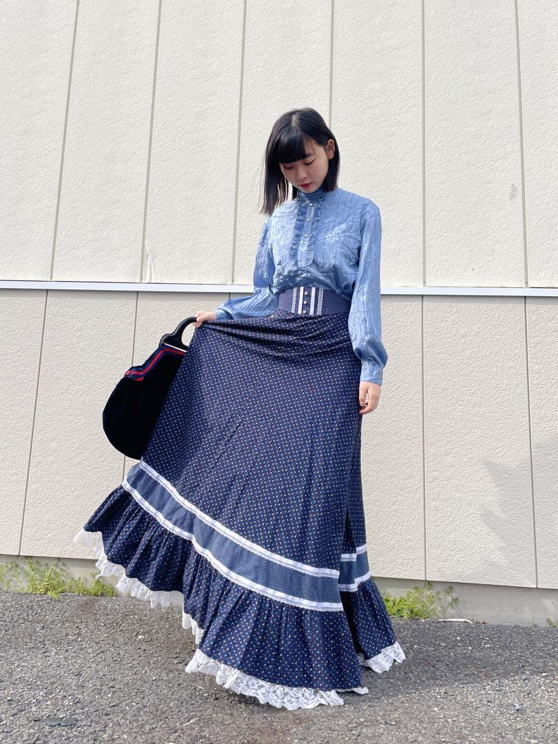 ネイビー 小花＆レース ハイウェスト超ロングスカートカントリー