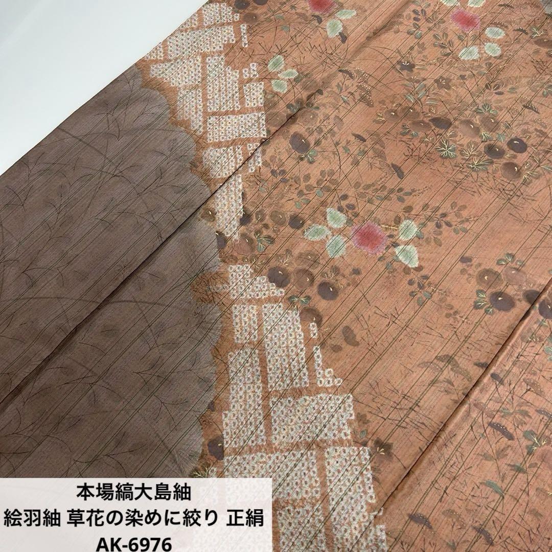 本場縞大島紬 絵羽紬 草花の染めに絞り 正絹 AK-6976