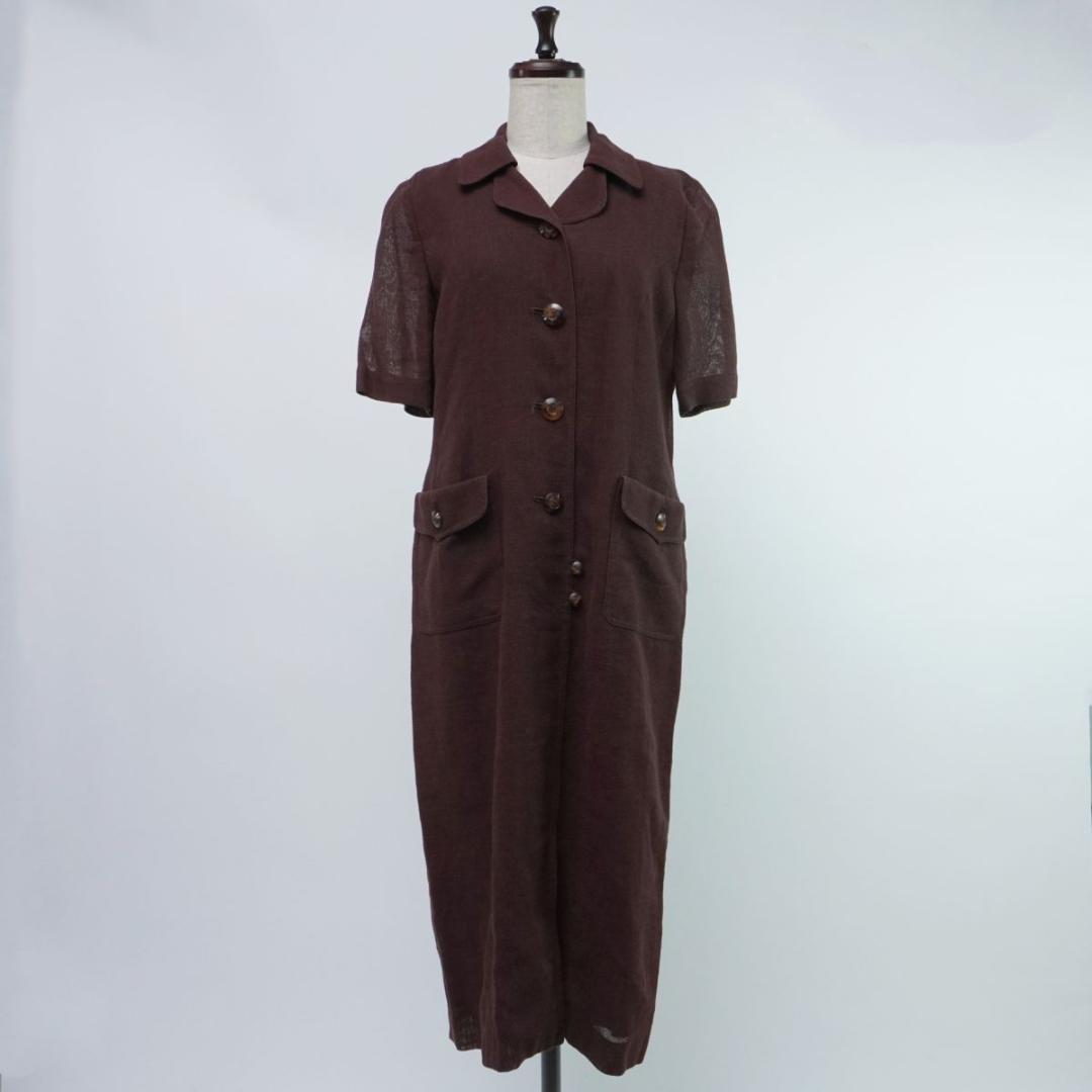 美品 Leilian リネン100% 半袖シャツワンピース ブラウン サイズ9