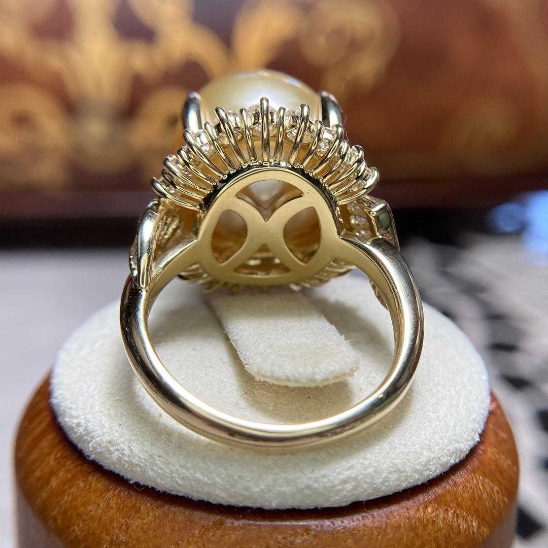 k18 老舗天賞堂 天然白蝶ゴールデンパール13.3mm D1.03ct リング