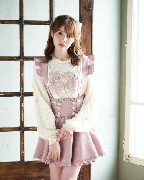 LIZLISA ピンクニットフリルスカパン LIZLISA レースアップサスペンダー付スカパン ピンク 小物