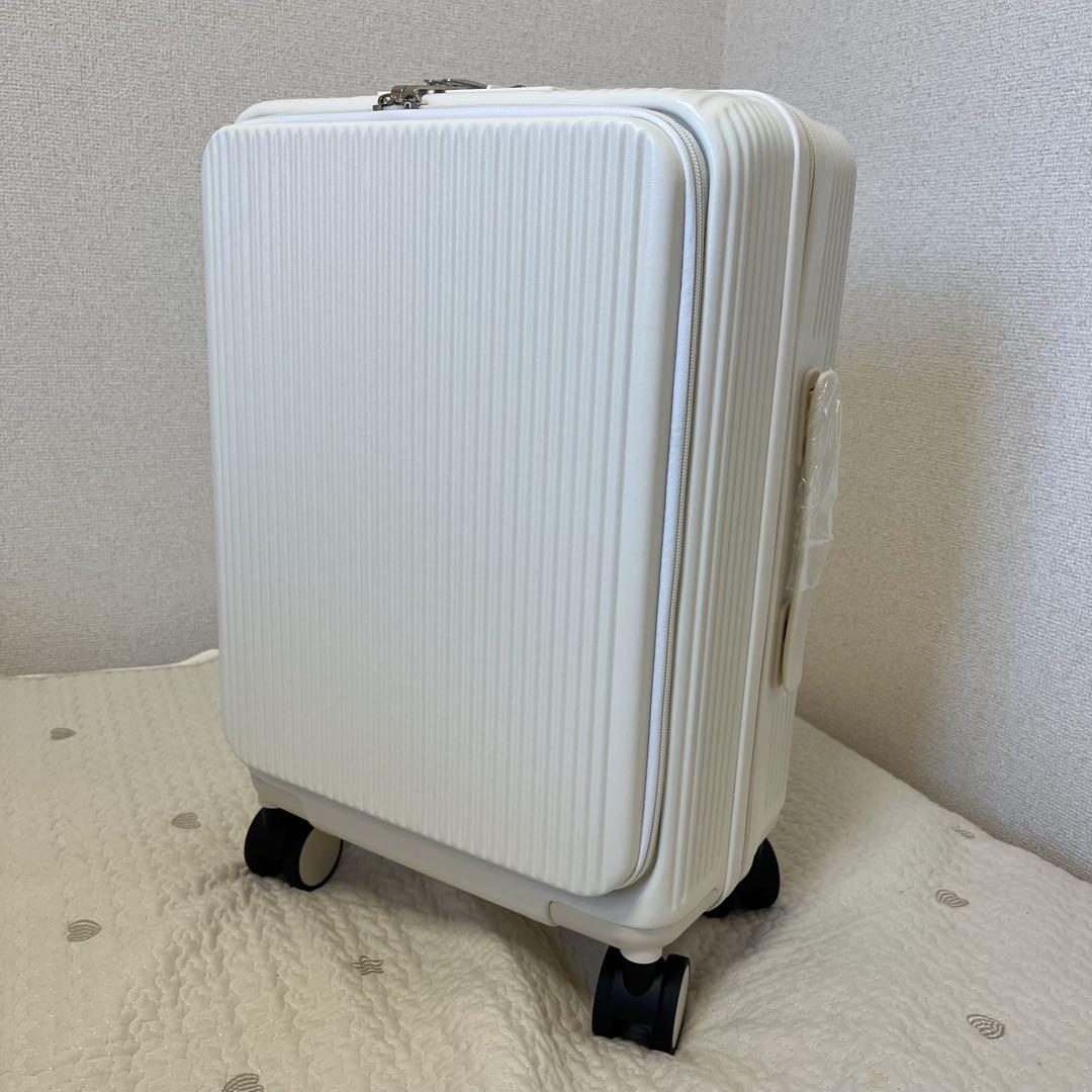 多機能⭐️スーツケース 白 S フロントオープン ドリンクホルダー 充電ポート付き