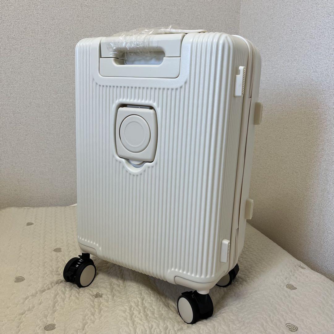 多機能⭐️スーツケース 白 S フロントオープン ドリンクホルダー 充電ポート付き
