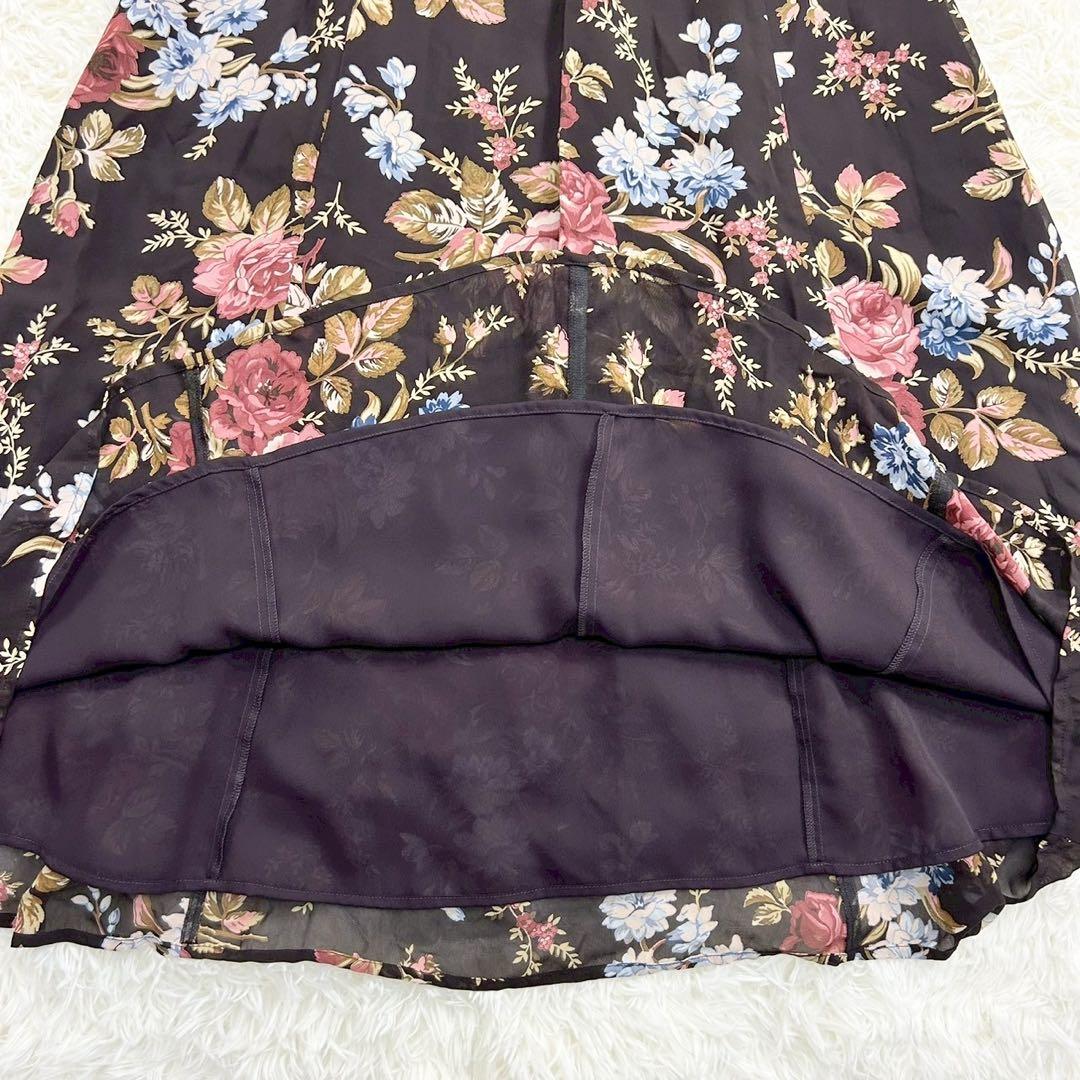 美品　ローラアシュレイ　ロングワンピース　ウエストベルト　フラワー　ブラウン　L