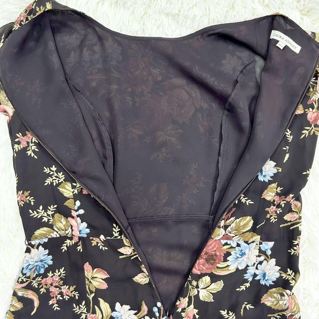 美品　ローラアシュレイ　ロングワンピース　ウエストベルト　フラワー　ブラウン　L