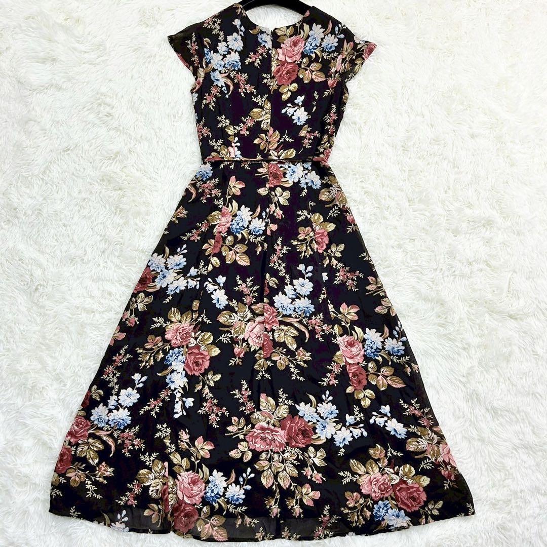 美品　ローラアシュレイ　ロングワンピース　ウエストベルト　フラワー　ブラウン　L