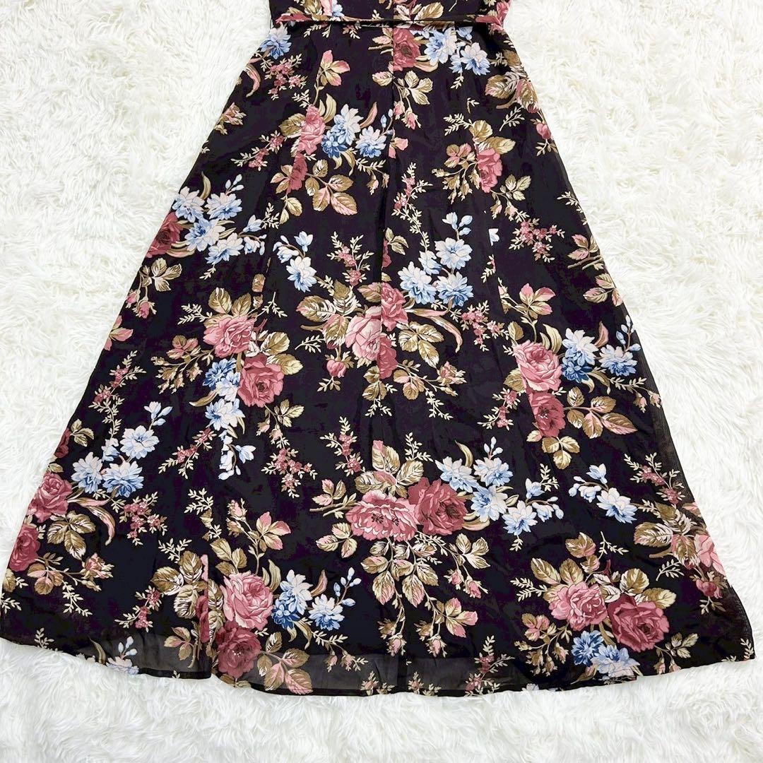 美品　ローラアシュレイ　ロングワンピース　ウエストベルト　フラワー　ブラウン　L