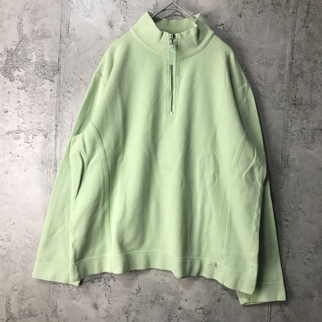 Y3116古着 トレーナー スウェット ハーフジップ 緑 無地 90s Y2K