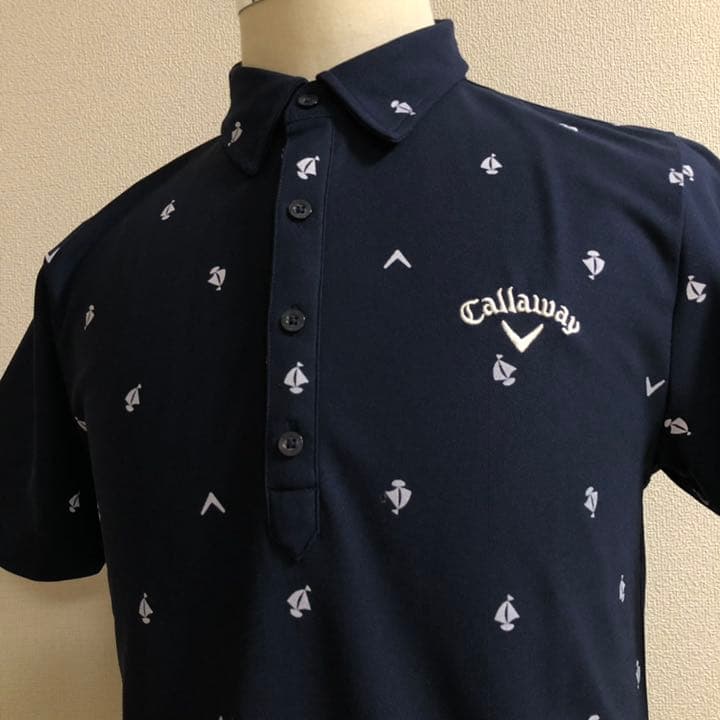 美品:キャロウェイ 半袖 刺繍ロゴ ポロシャツ ネイビー 総柄 LLサイズ