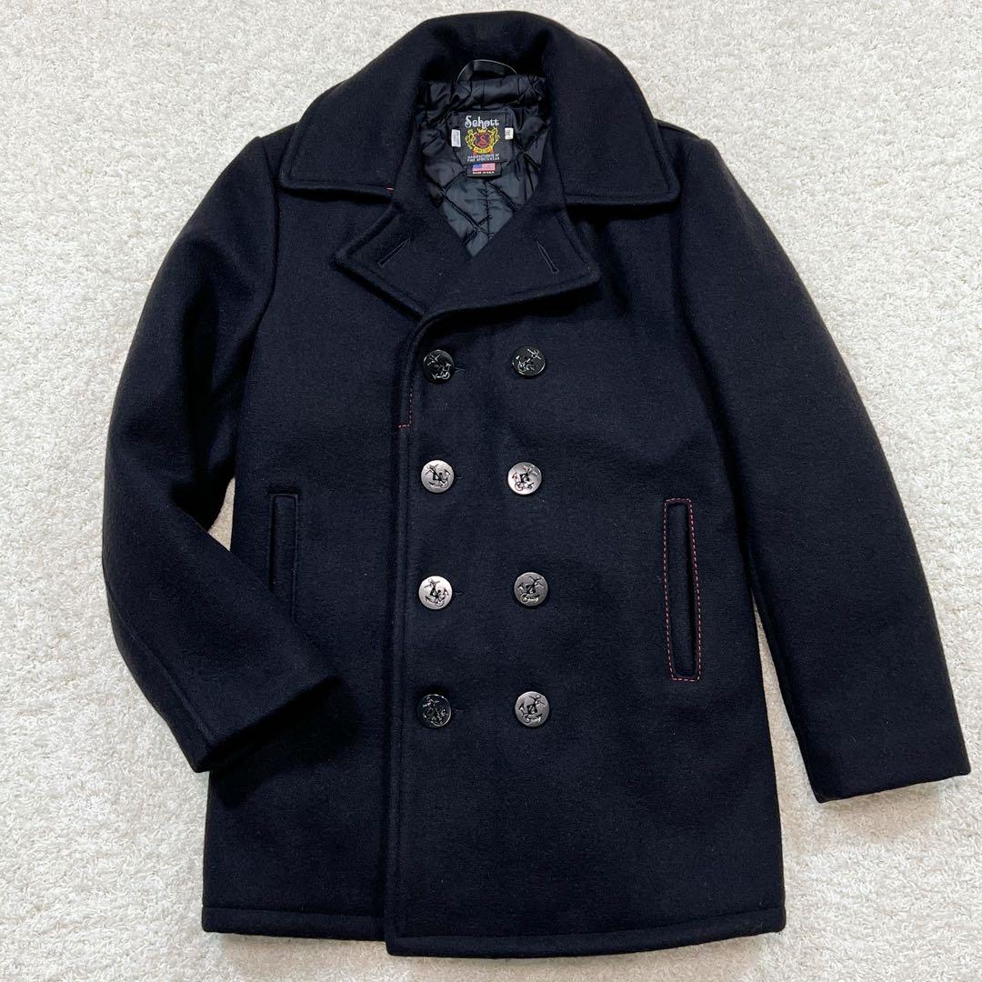 美品 希少 Schott メルトン Pコート 赤ステッチ キルティング 黒 M