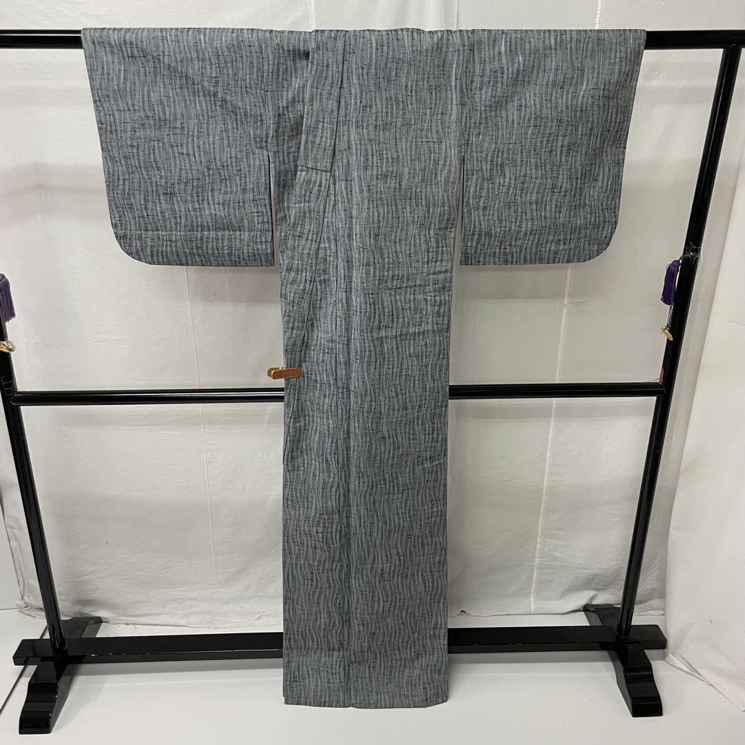 2025人気の 紬 横縞文様 正絹 バチ衿 しつけ糸付 トールサイズ y591（単衣 着物・浴衣