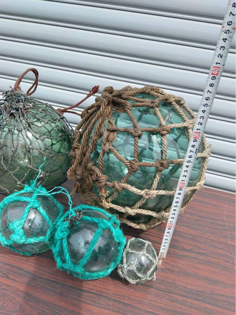 ガラス玉 浮き玉 浮き球 ビン玉 硝子 網 縄付 漁具 インテリア 置物 セット