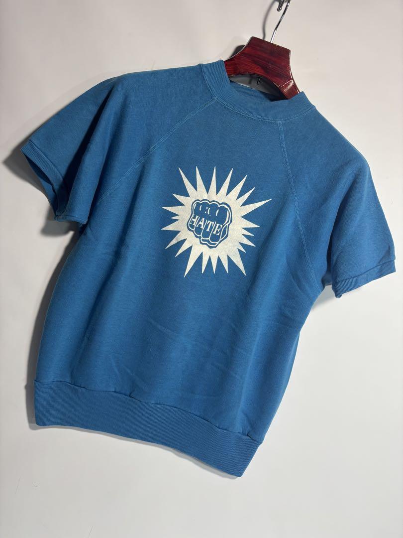 70'sヴィンテージ?悪魔の右手HATEフラットシーマスウェットTシャツブルー