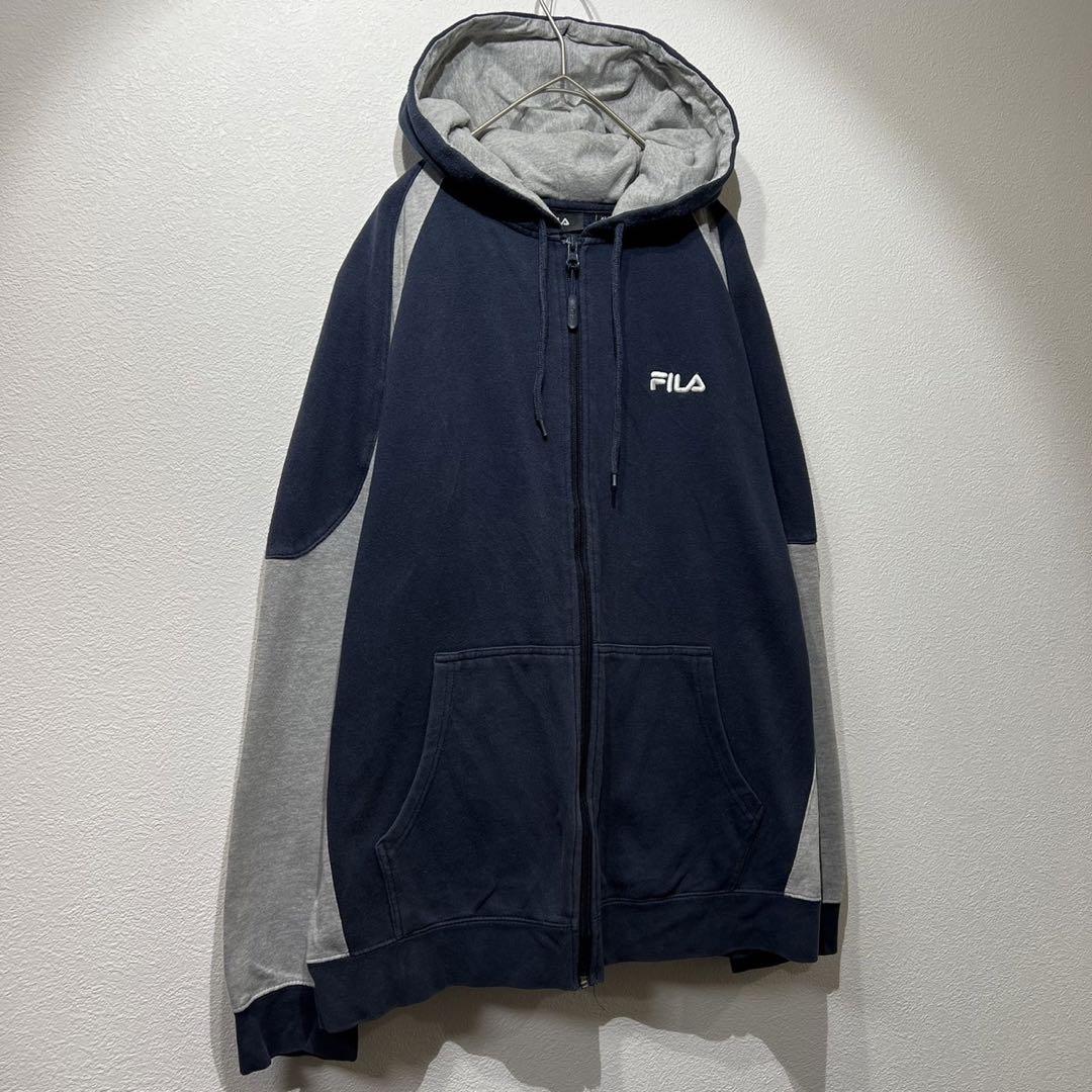 【希少】90s FILA ロゴ ジップパーカー 切替 ネイビー 紺 グレー XL