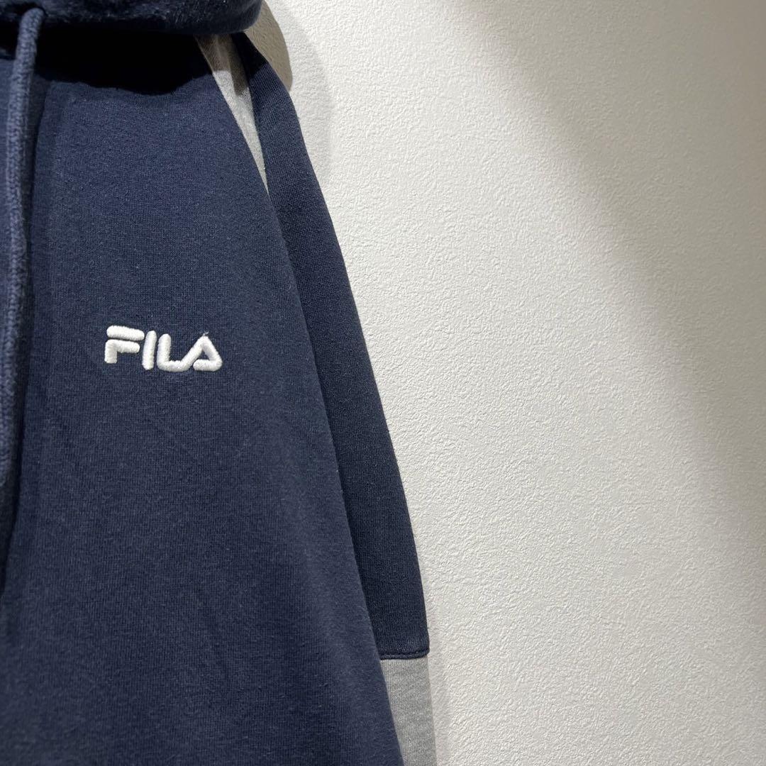 【希少】90s FILA ロゴ ジップパーカー 切替 ネイビー 紺 グレー XL