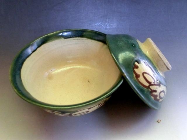 蓋茶碗■織部蓋物 4客 古い汁碗 料理小鉢 花紋 古美術 時代物 骨董品■