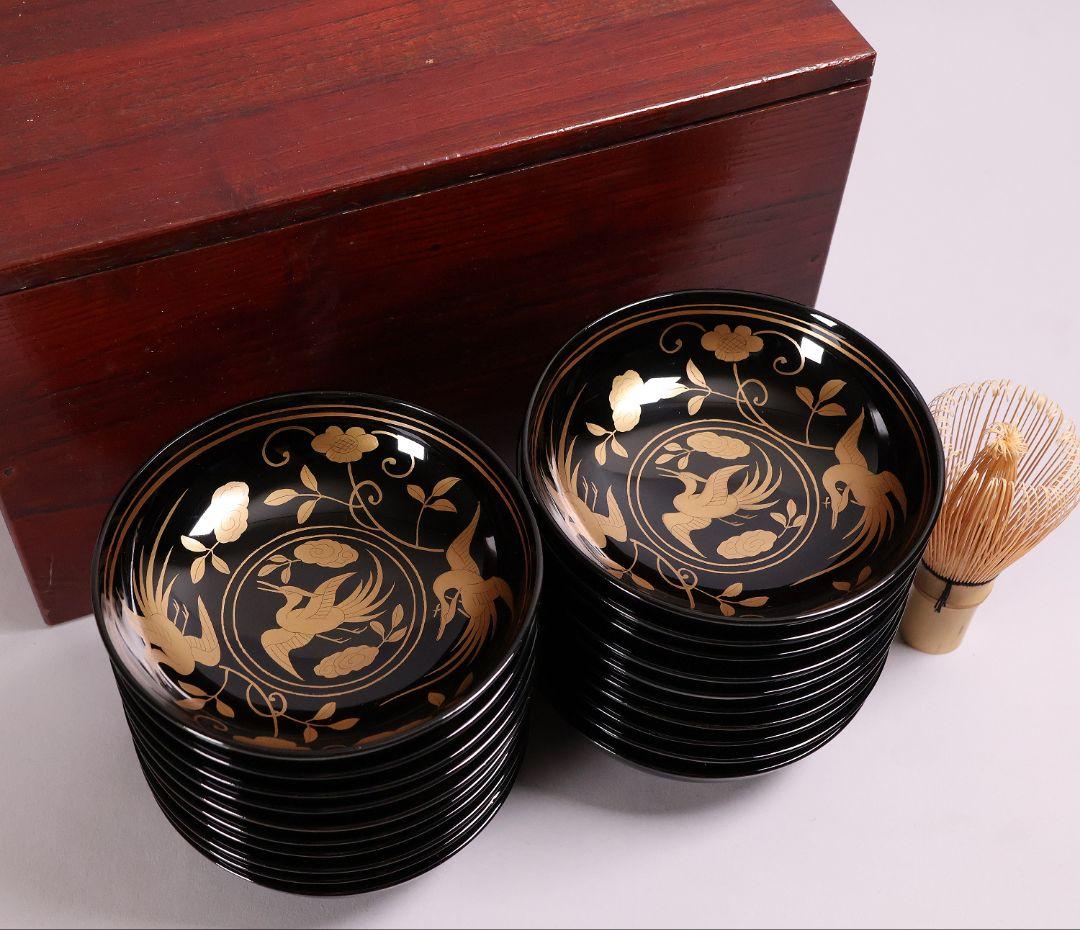 MA723】木製漆器 長寛写 金蒔絵 黒塗木皿 二十客 吉祥鶴 菓子皿