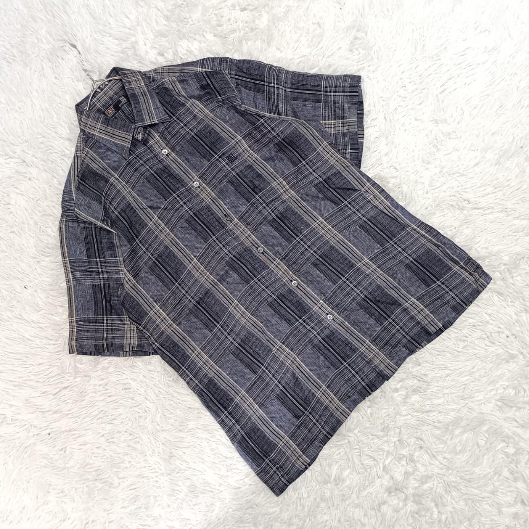 『DAKS』 ダックス (M) リネン半袖チェックシャツ 刺繍ロゴ 麻100%