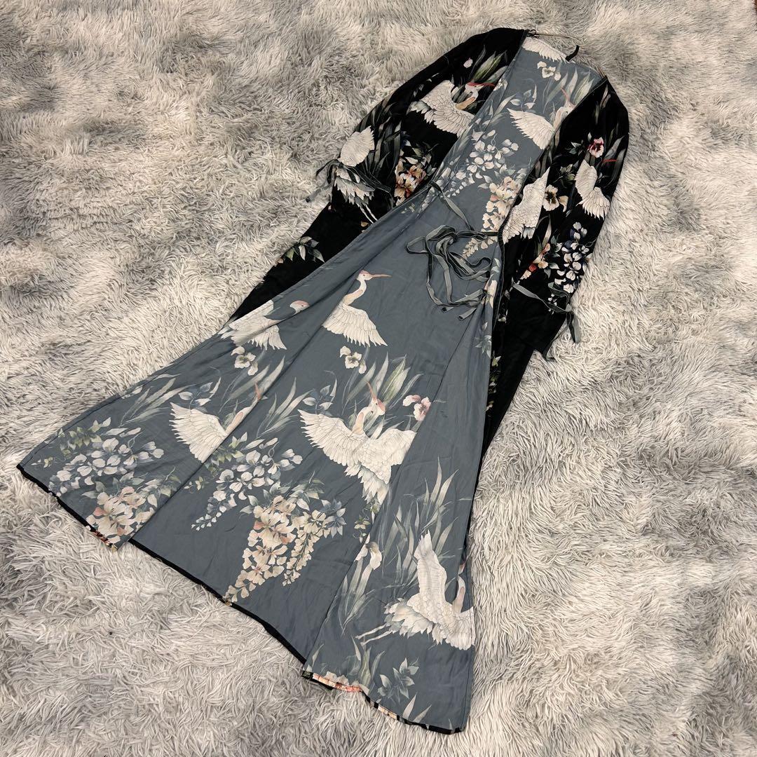 m4774【ZARA】ガウンカーディガン マキシ丈 薄手 和柄 鶴柄