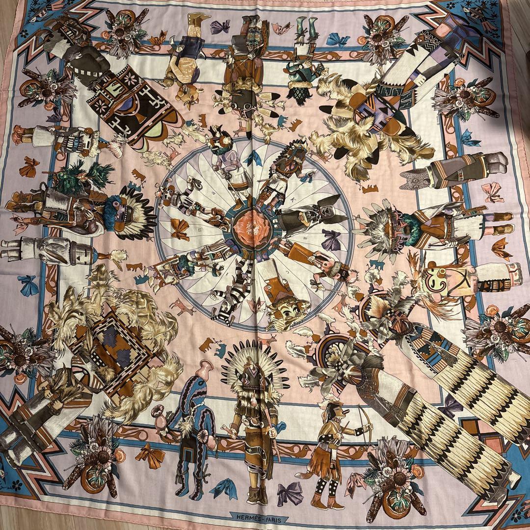 美品 エルメス カレジェアン スカーフ カシミヤxシルク 140x140cm