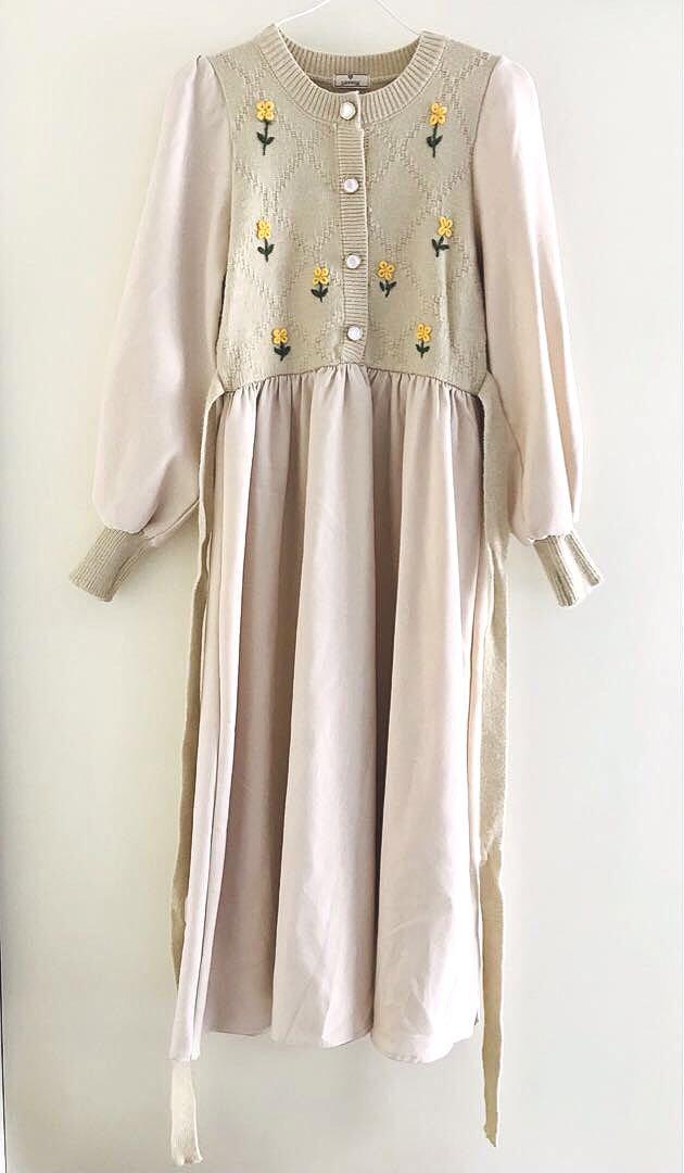 韓国 ニット ワンピース 長袖 ロング 花柄 可愛い 森ガール 量産型 服 服