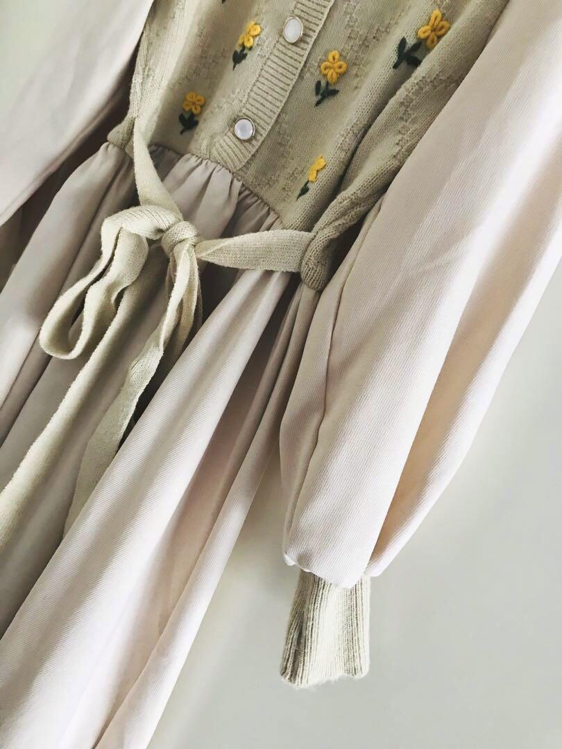 韓国 ニット ワンピース 長袖 ロング 花柄 可愛い 森ガール 量産型 服 服