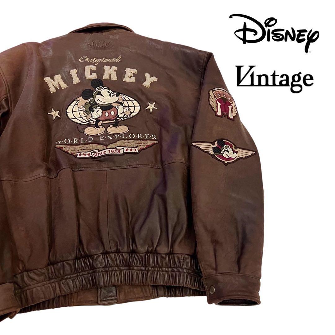 90s Disney Vintage ミッキー刺繍 レザージャケットL DISNEY VINTAGE