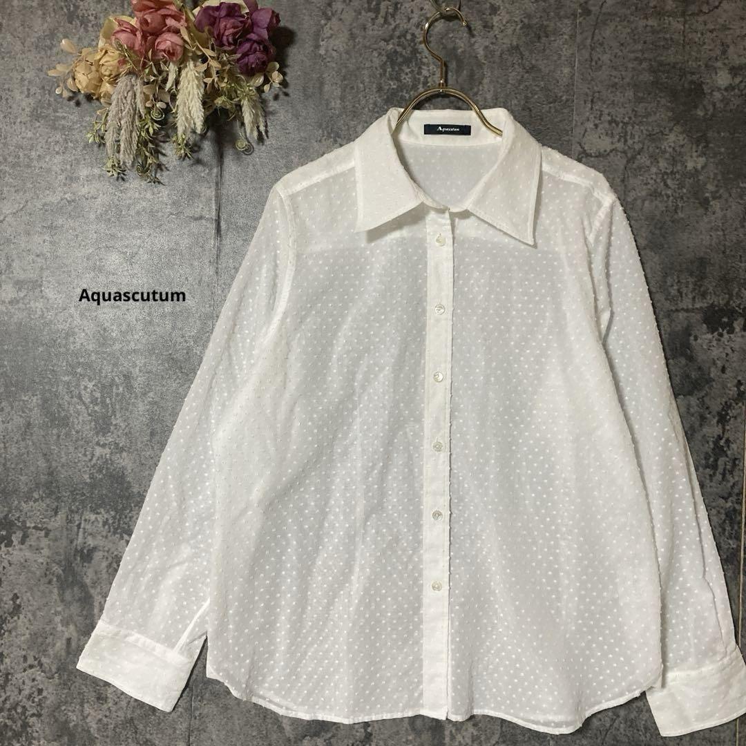Aquascutum 長袖　シアーシャツ　水玉　ドット　白　レディース　S