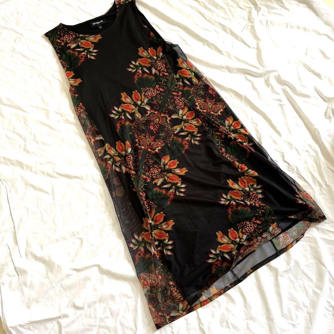 美品Desigual 花柄 ノースリーブワンピース S ブラック　フローラル